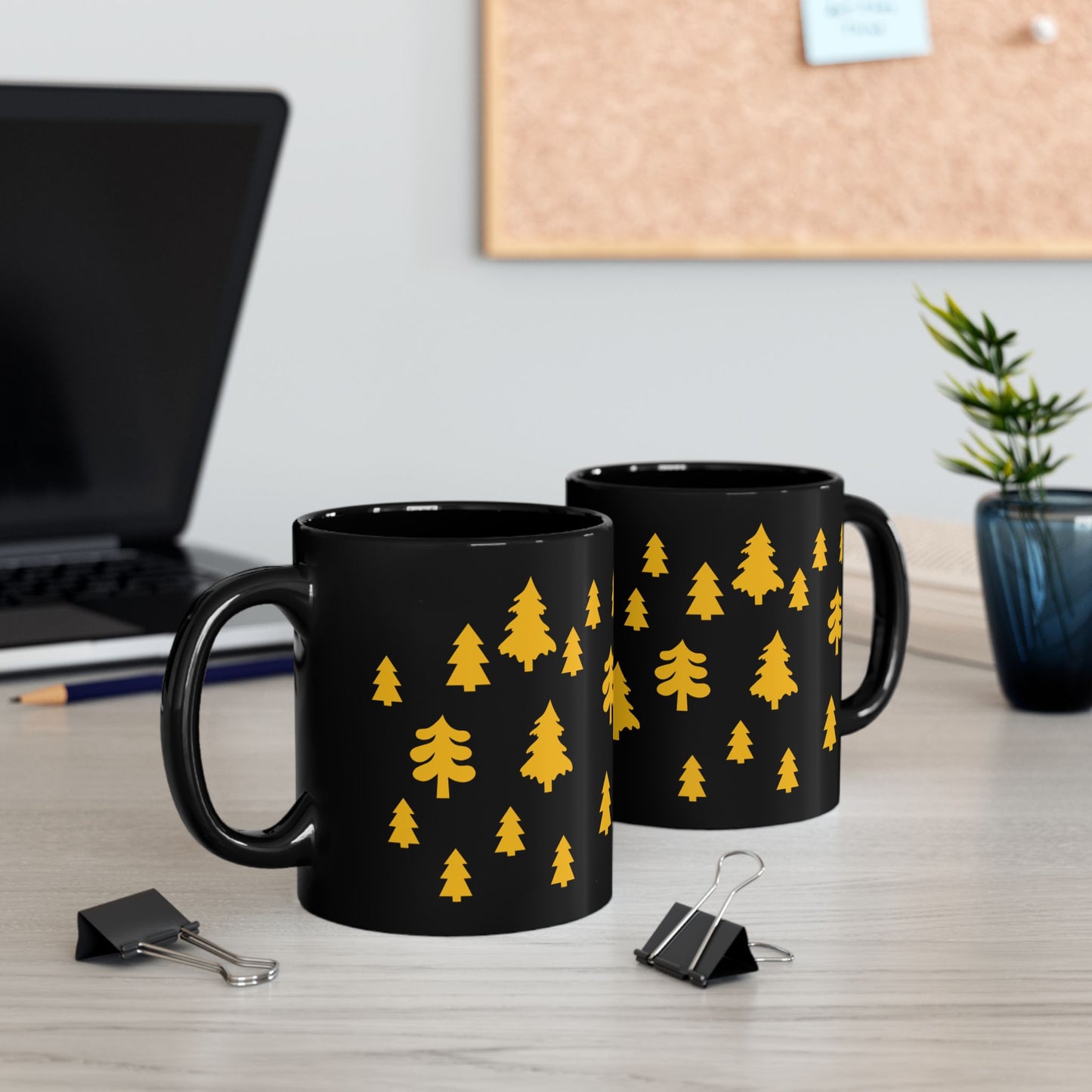 Yellow Christmas Trees Black Coffee Mug