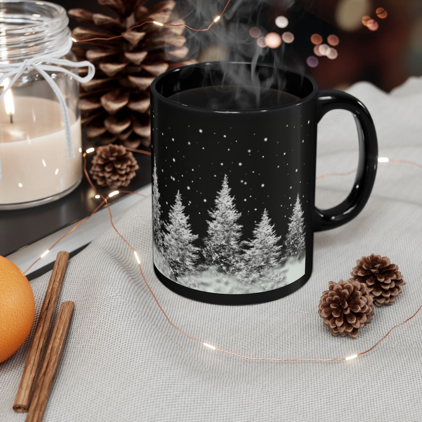 White Christmas Trees and stars Black Coffee Mug