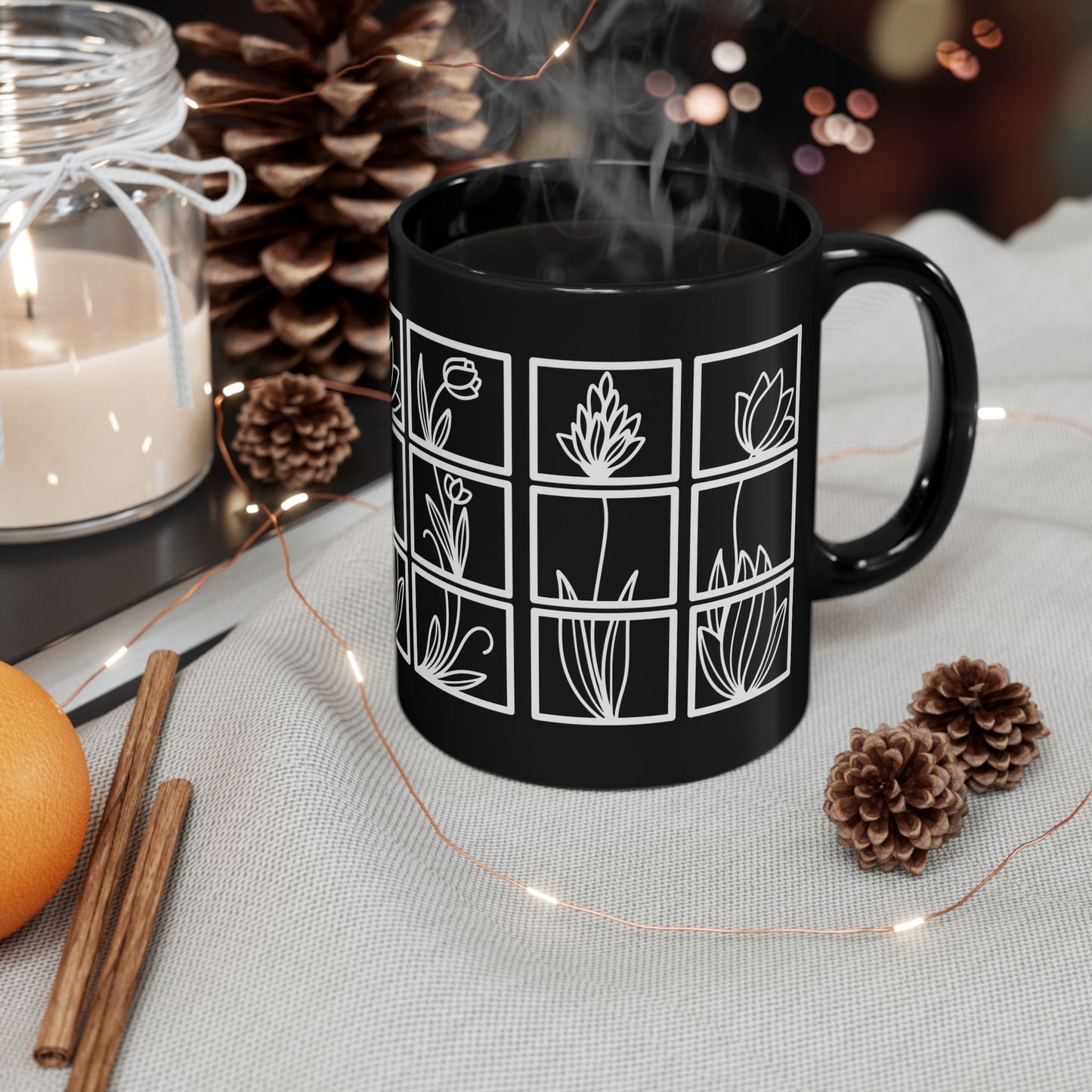 Squared Botanical Floral Ceramic Design White Mug