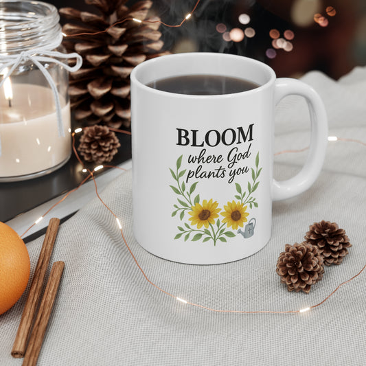 Bloom Where God Plants You - Christian Coffee Mug, White