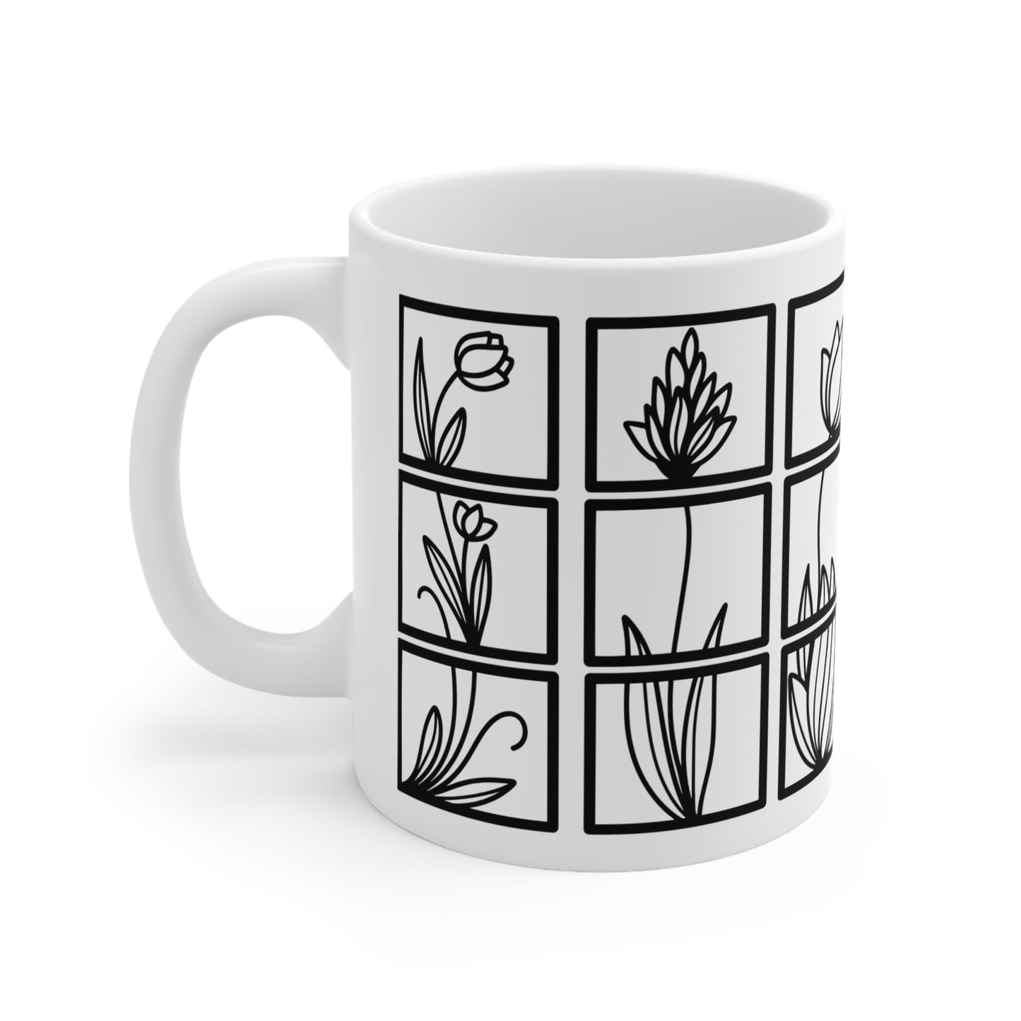 Squared Botanical Floral Ceramic Design White Mug