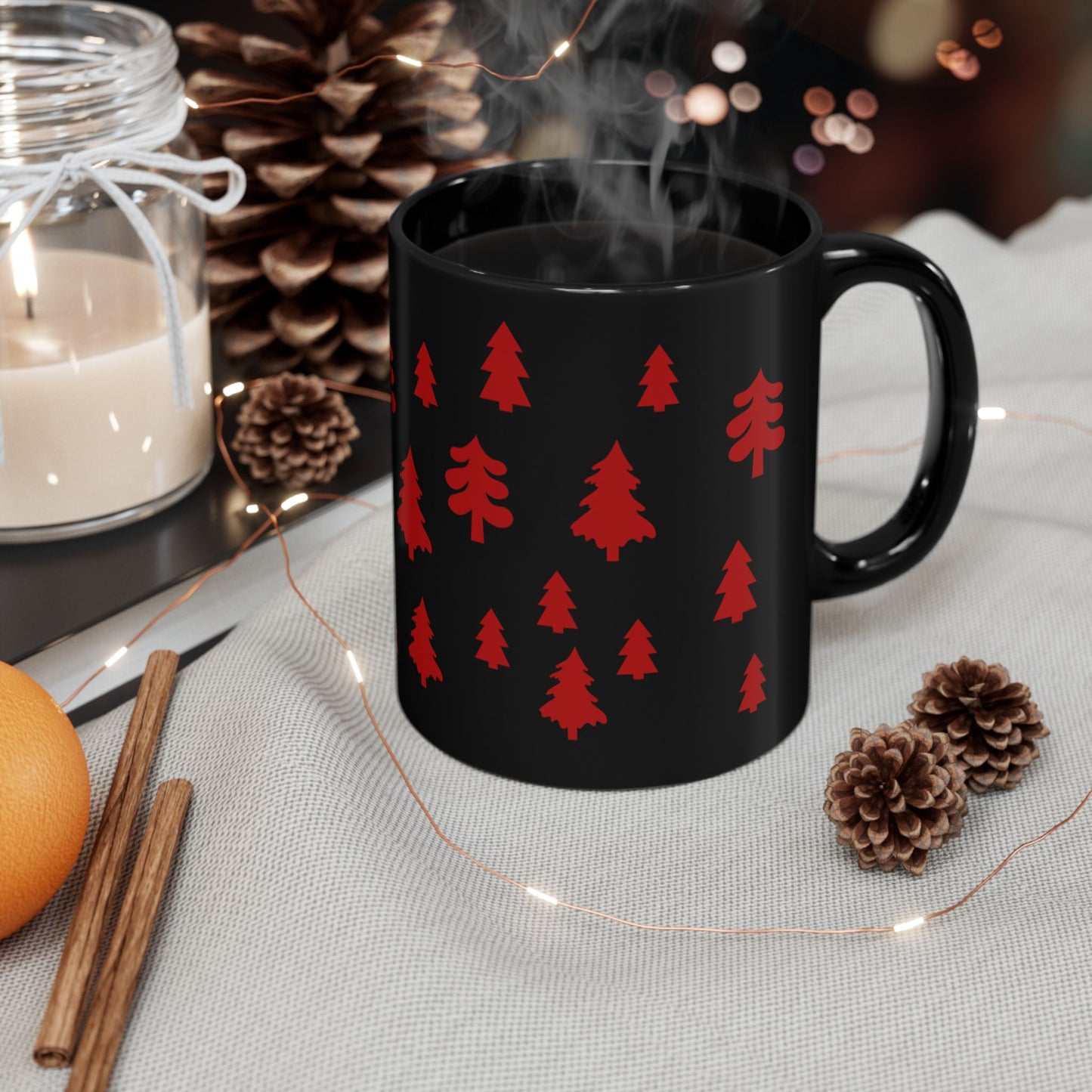 Red Christmas Trees Black Coffee Mug