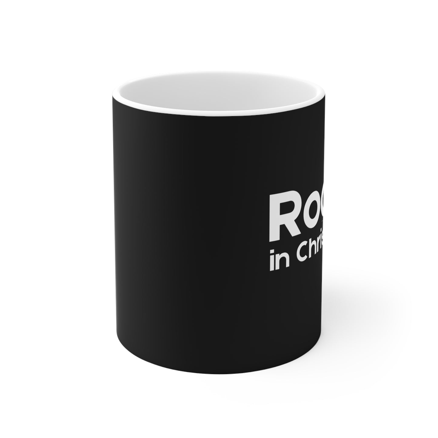 Rooted in Christ - Christian Coffee Mug, Black