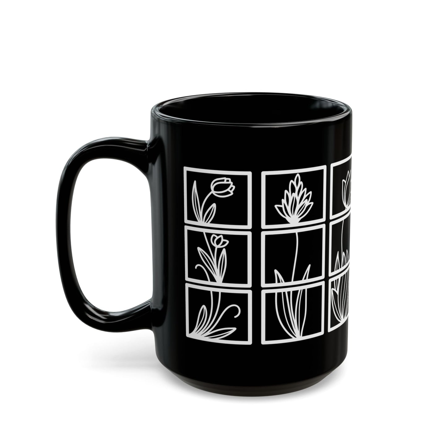 Squared Botanical Floral Ceramic Design White Mug
