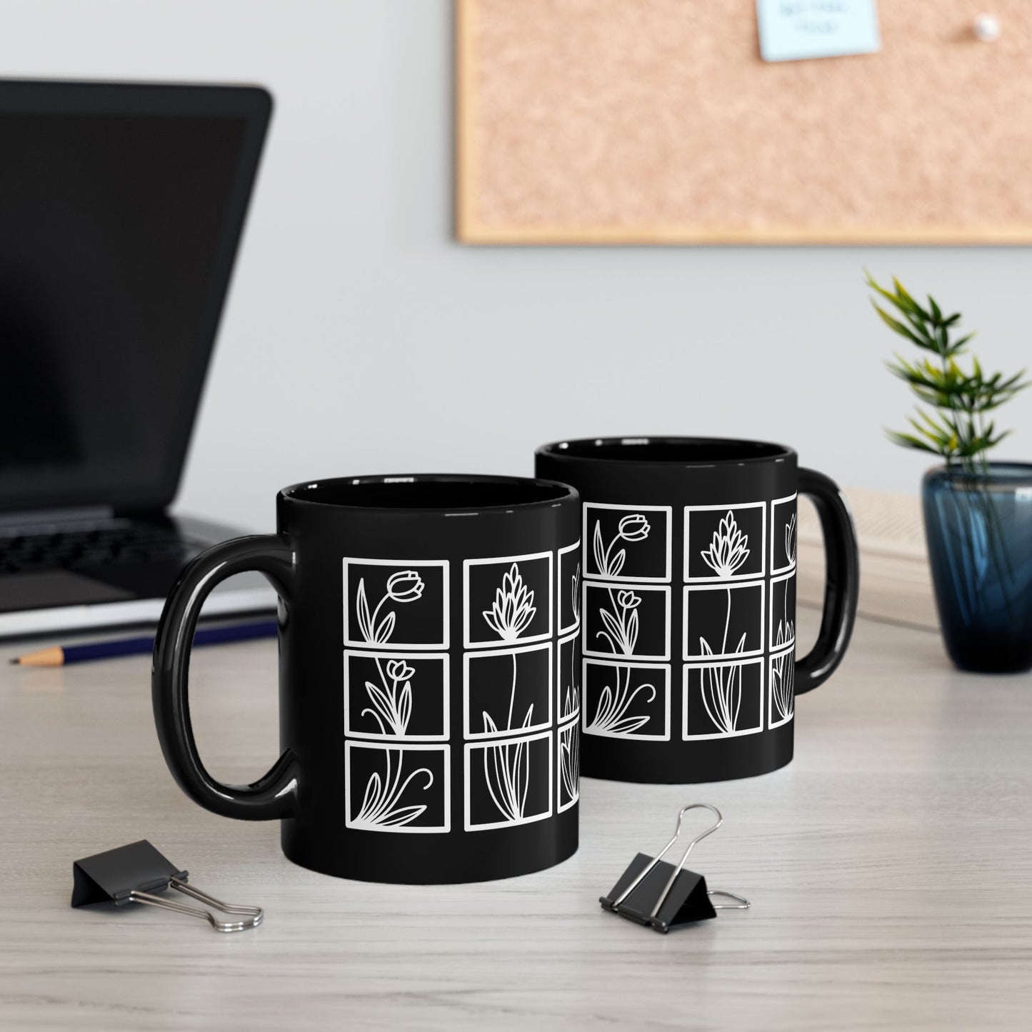 Squared Botanical Floral Ceramic Design White Mug