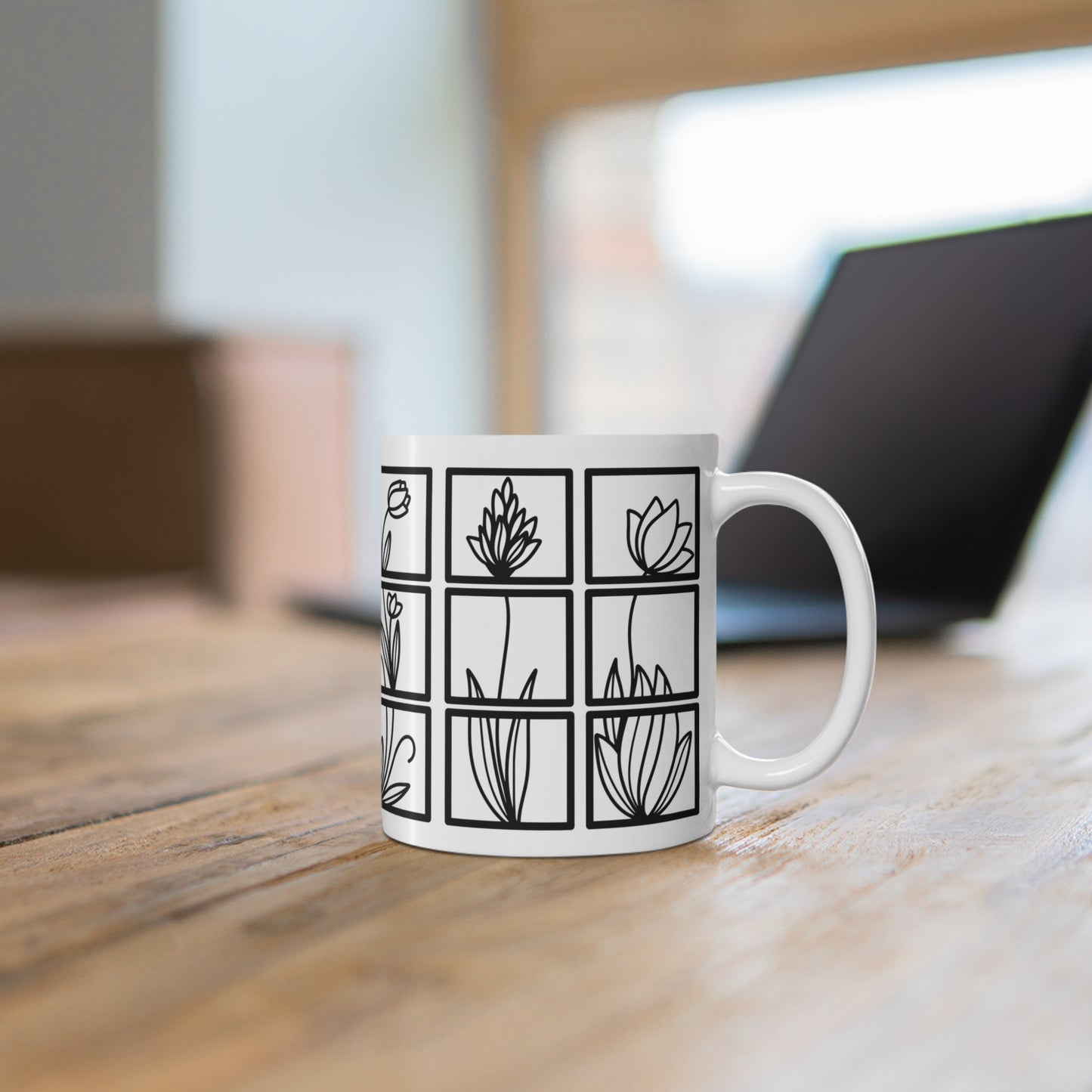 Squared Botanical Floral Ceramic Design White Mug