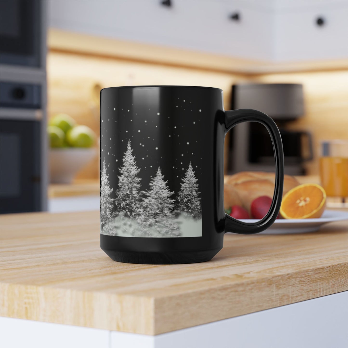 White Christmas Trees and stars Black Coffee Mug