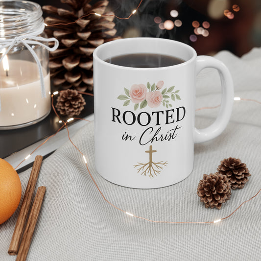 Rooted in Christ - Christian Coffee Mug, White