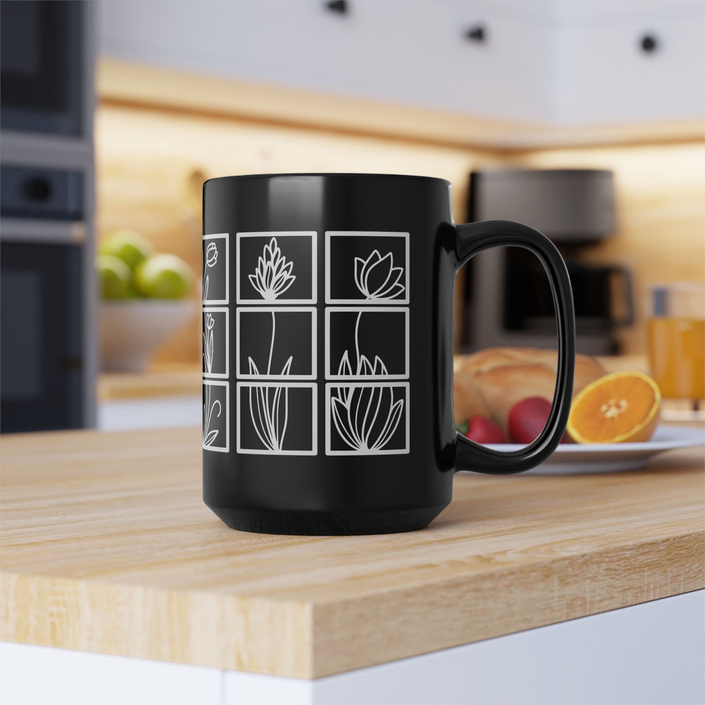 Squared Botanical Floral Ceramic Design White Mug