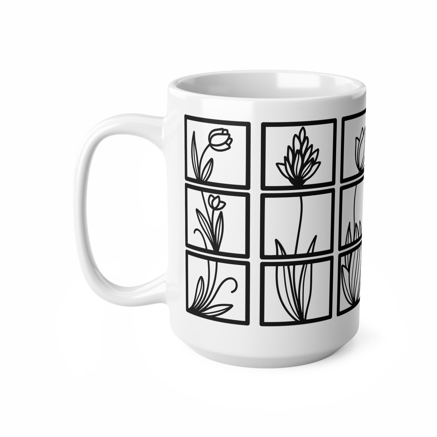 Squared Botanical Floral Ceramic Design White Mug