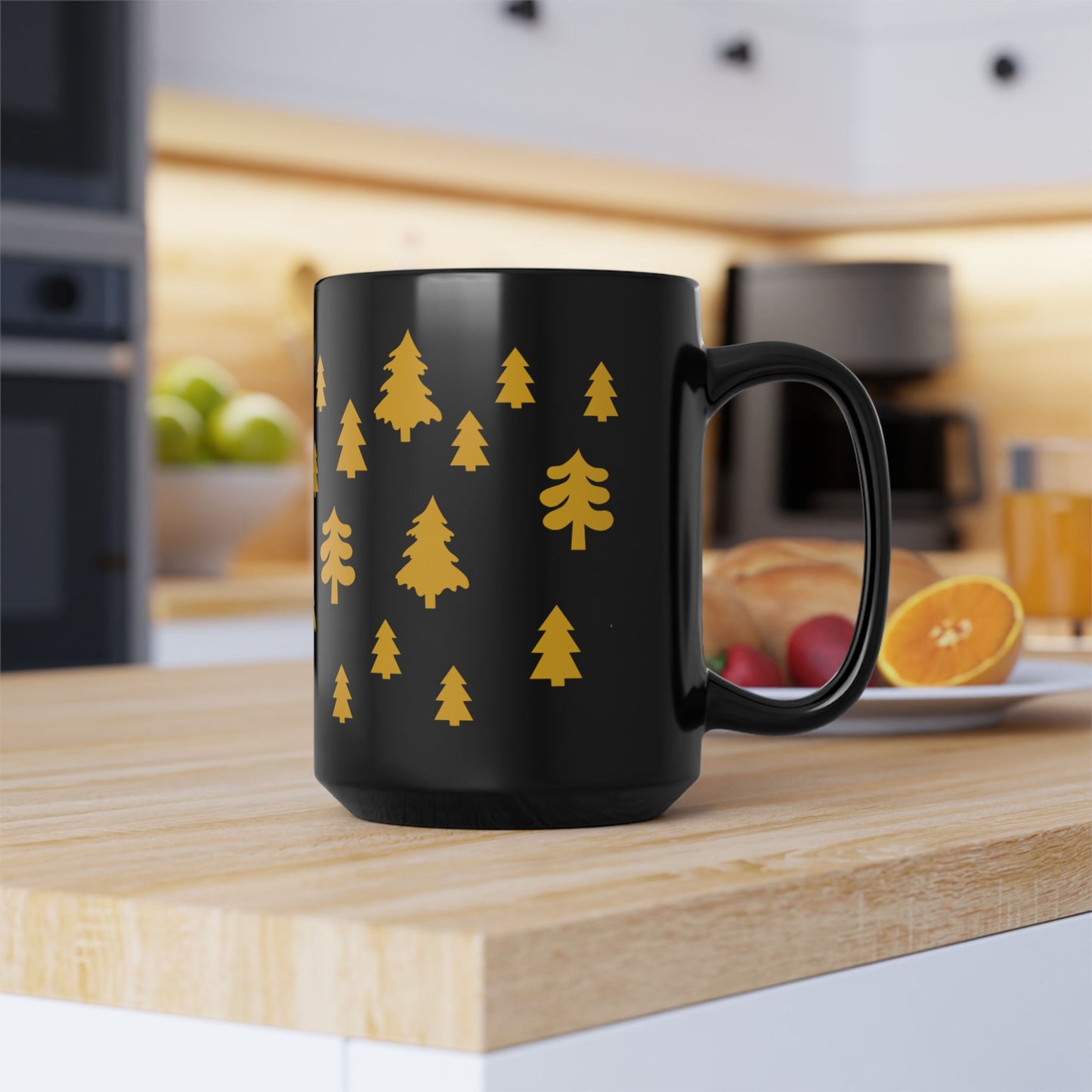 Yellow Christmas Trees Black Coffee Mug