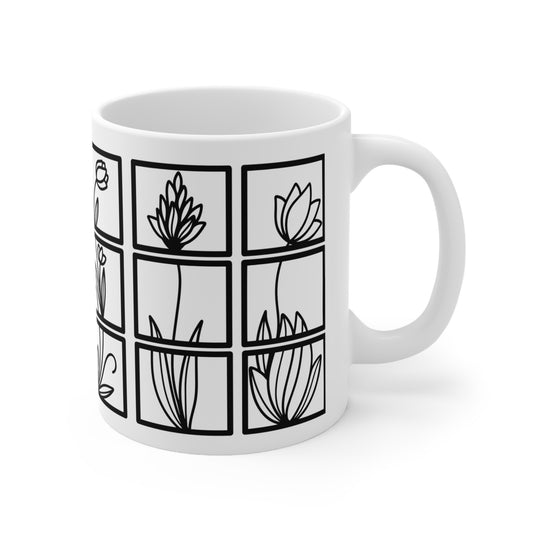 Squared Botanical Floral Ceramic Design White Mug