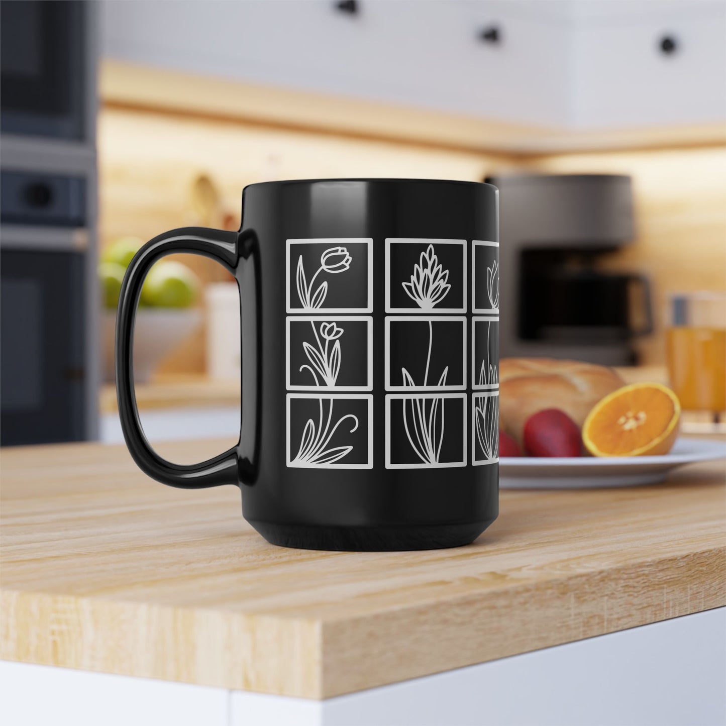 Squared Botanical Floral Ceramic Design White Mug