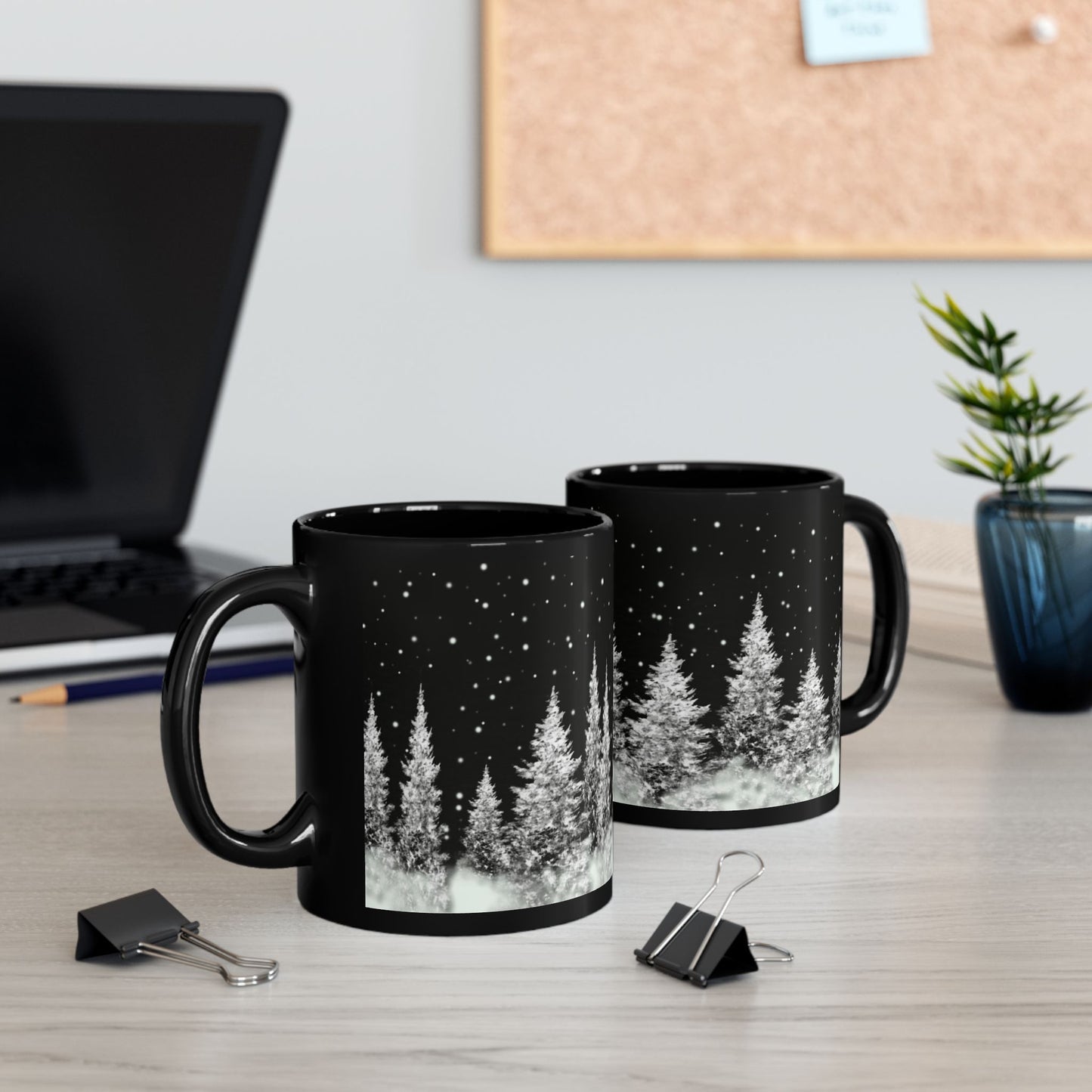 White Christmas Trees and stars Black Coffee Mug