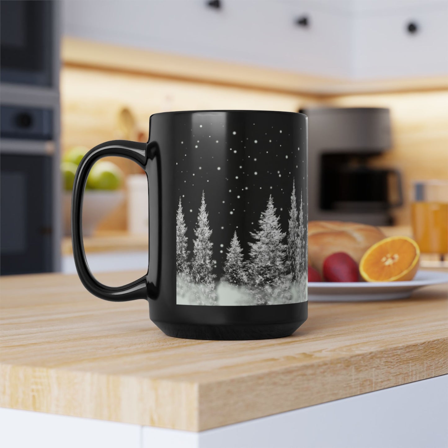 White Christmas Trees and stars Black Coffee Mug