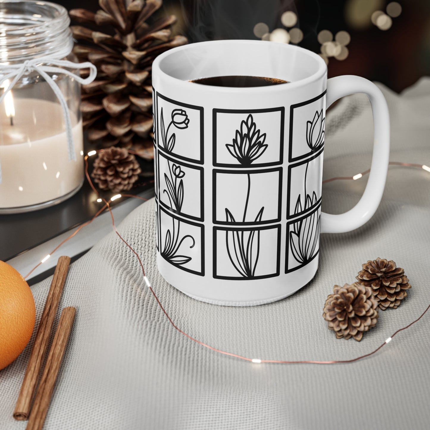 Squared Botanical Floral Ceramic Design White Mug