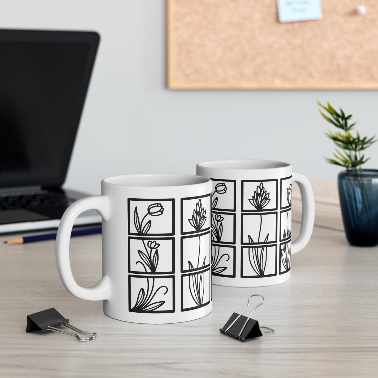 Squared Botanical Floral Ceramic Design White Mug