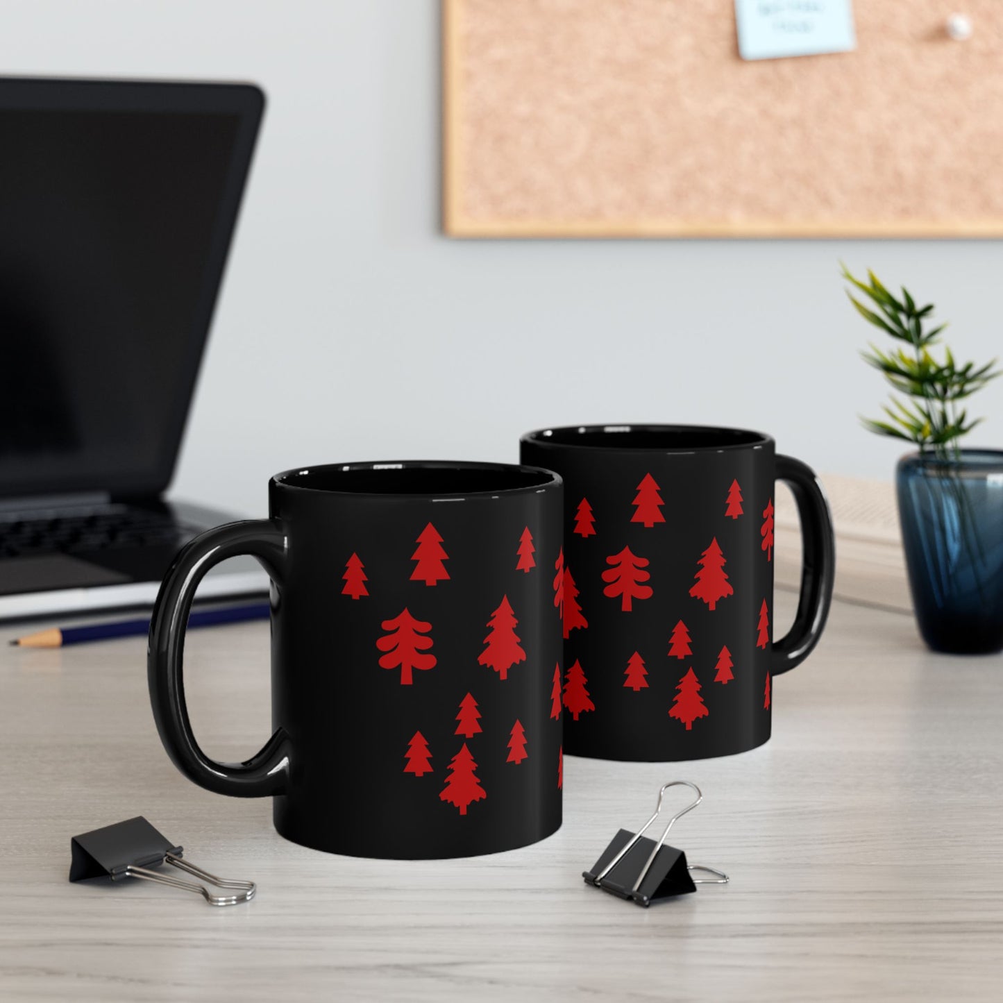 Red Christmas Trees Black Coffee Mug