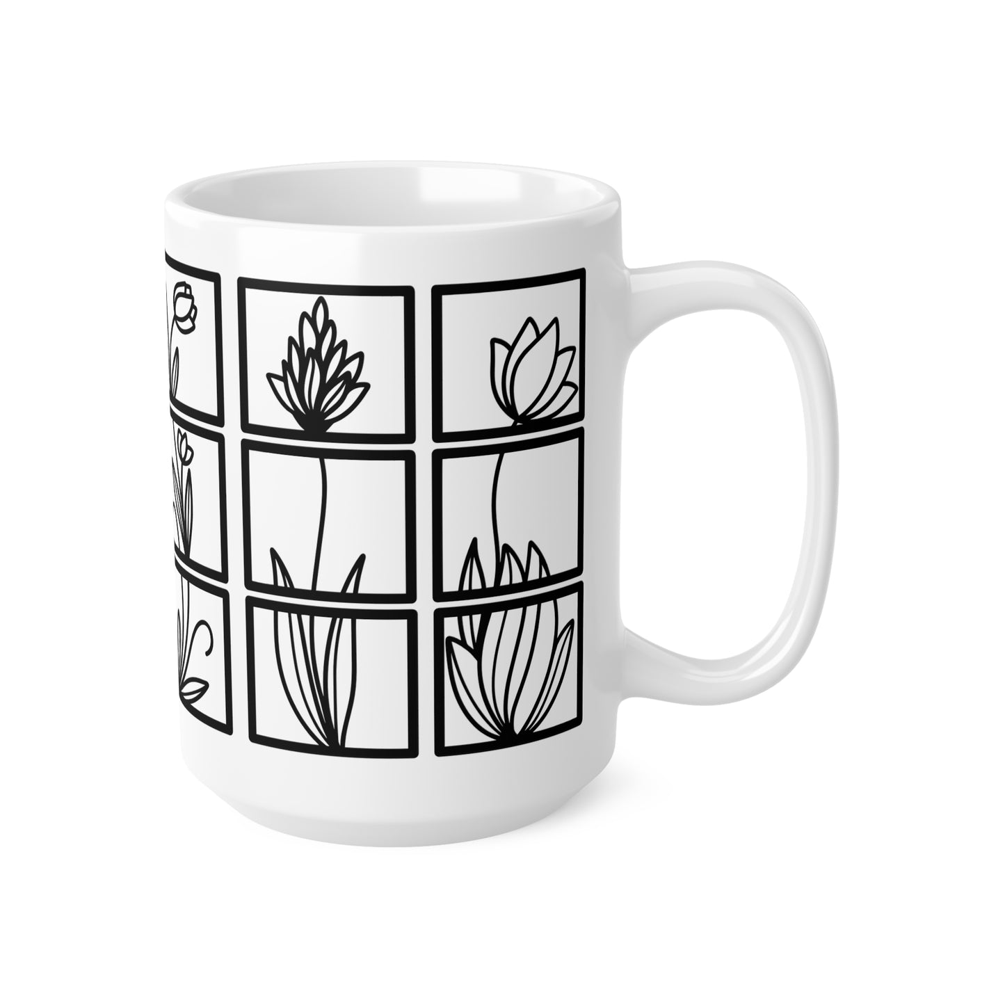 Squared Botanical Floral Ceramic Design White Mug