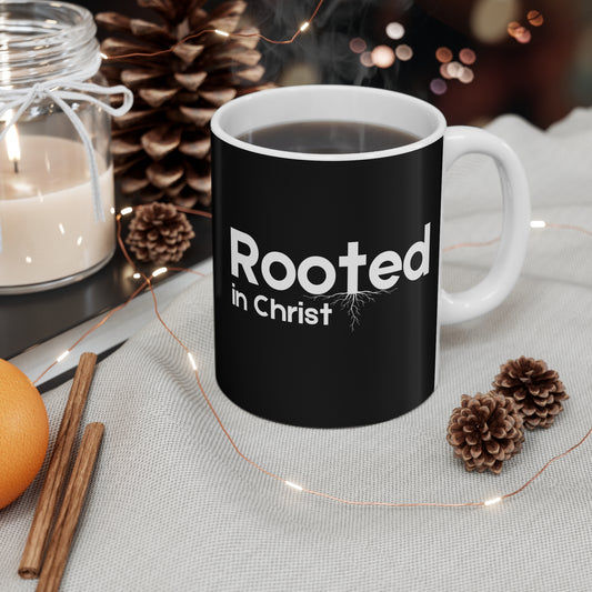 Rooted in Christ - Christian Coffee Mug, Black