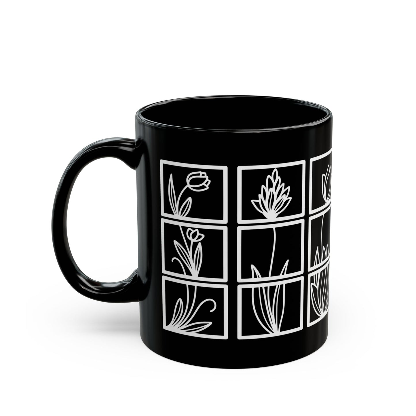 Squared Botanical Floral Ceramic Design White Mug