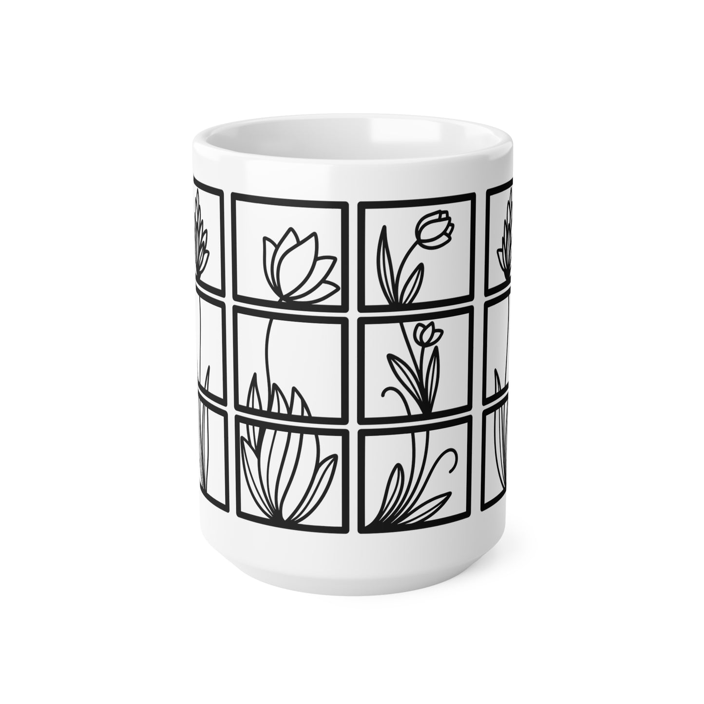 Squared Botanical Floral Ceramic Design White Mug
