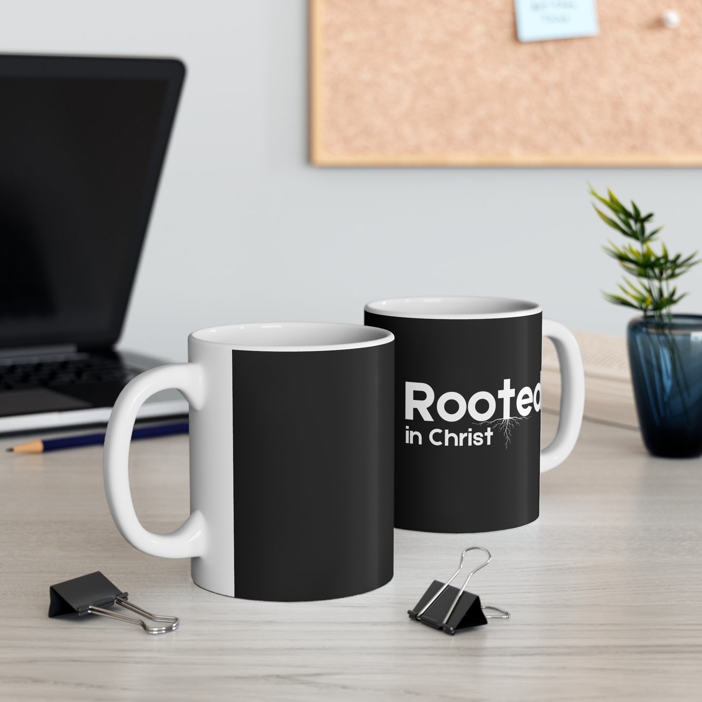 Rooted in Christ - Christian Coffee Mug, Black