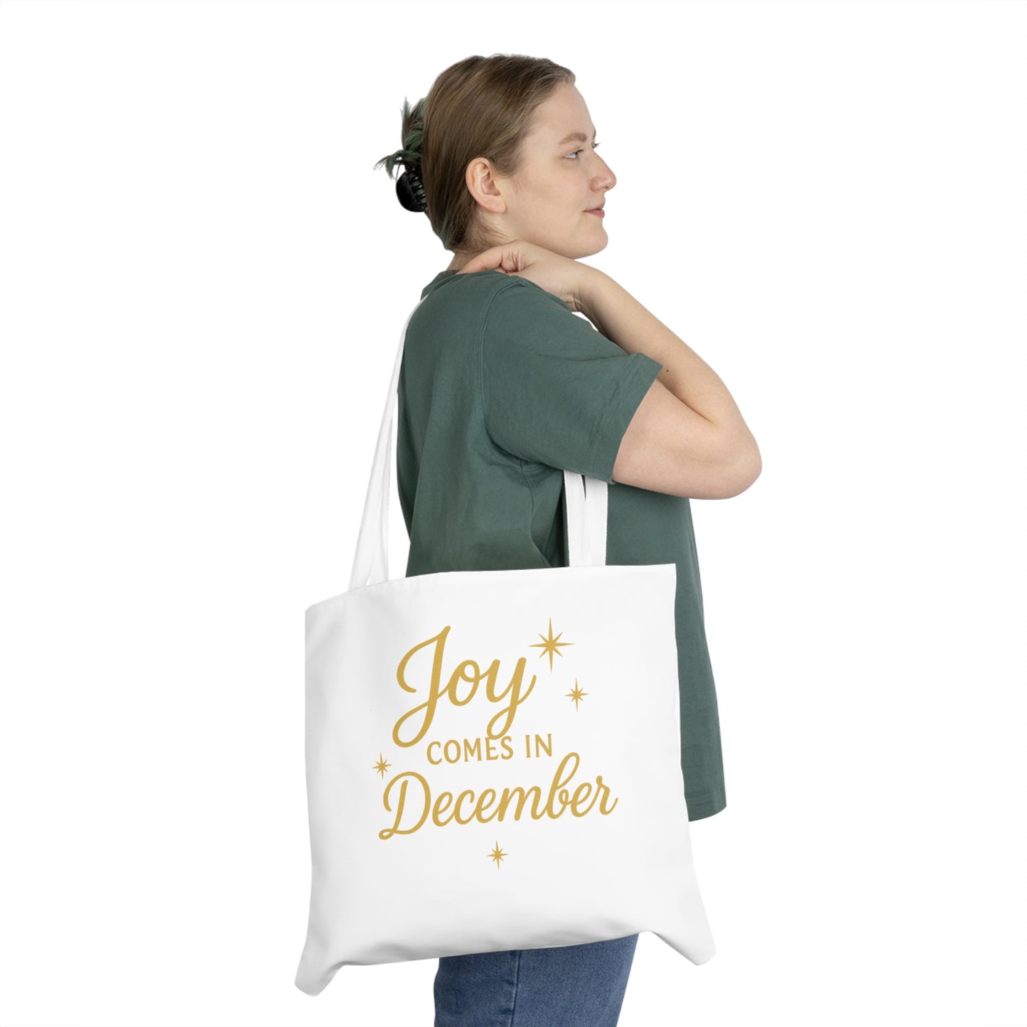 December Joy Tote Bag — Holiday Shoulder Tote with "Joy Comes in December" Design