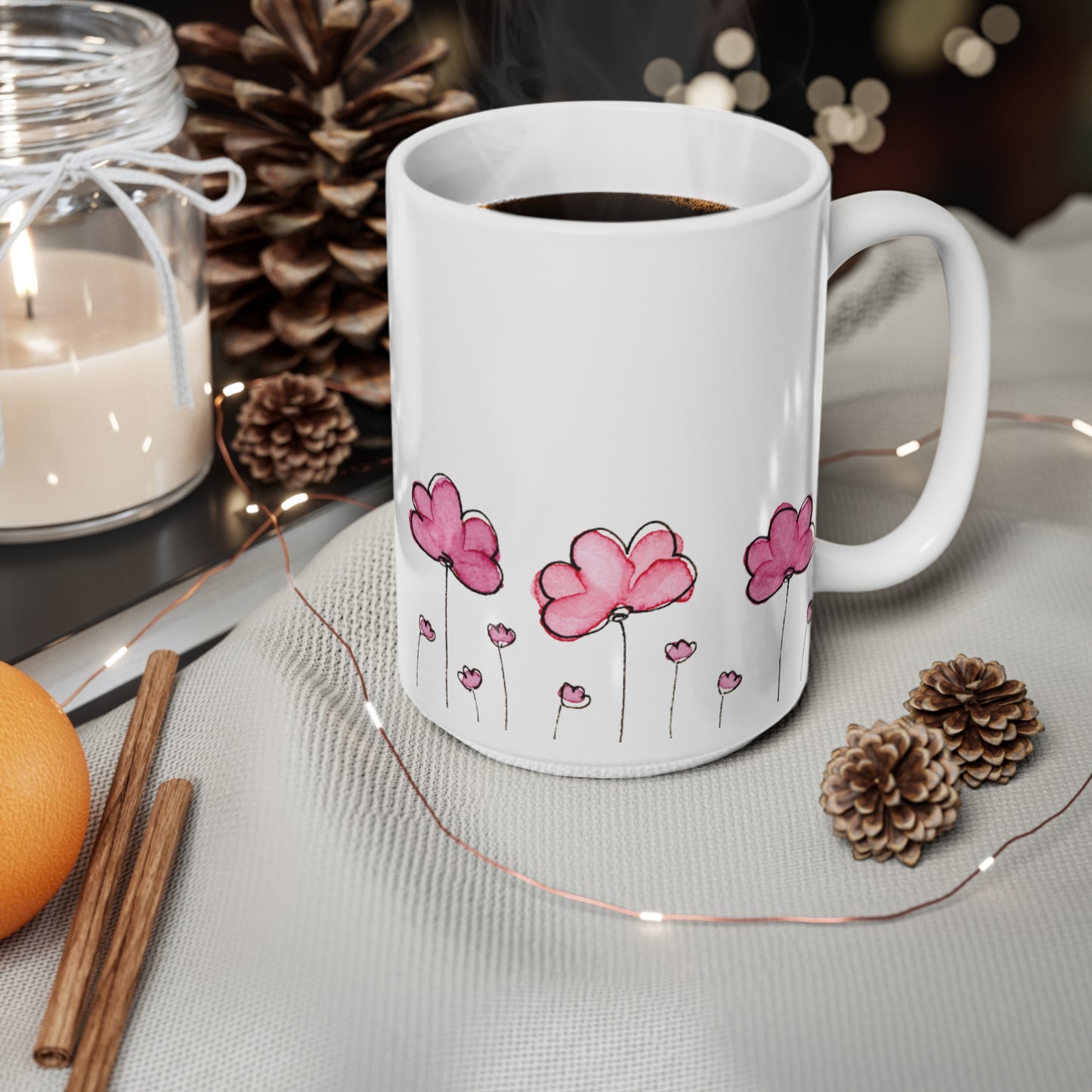 Pink Flower, White Coffee Mug