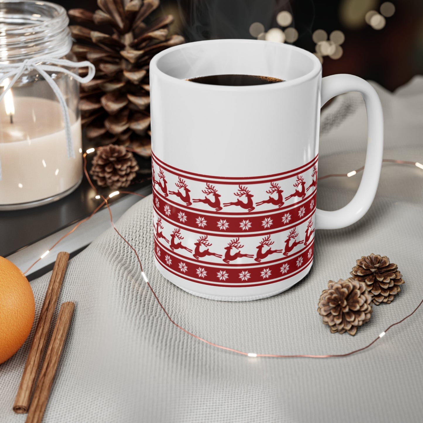 Red Christmas Reindeers White Coffee Mug