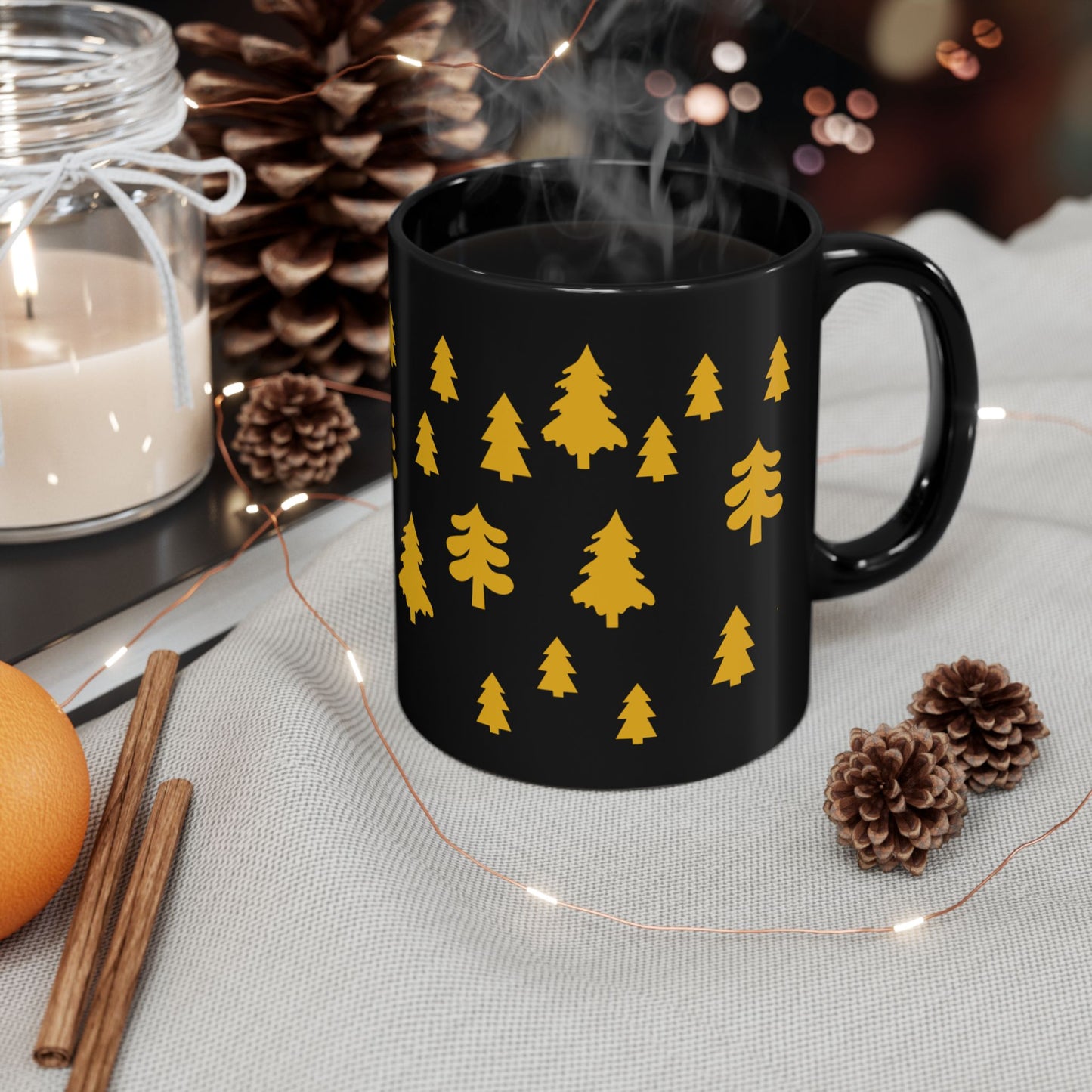 Yellow Christmas Trees Black Coffee Mug