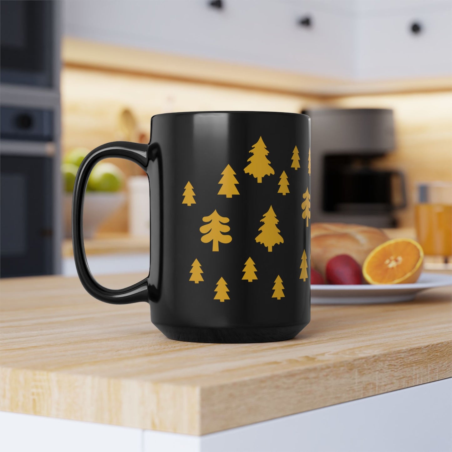 Yellow Christmas Trees Black Coffee Mug